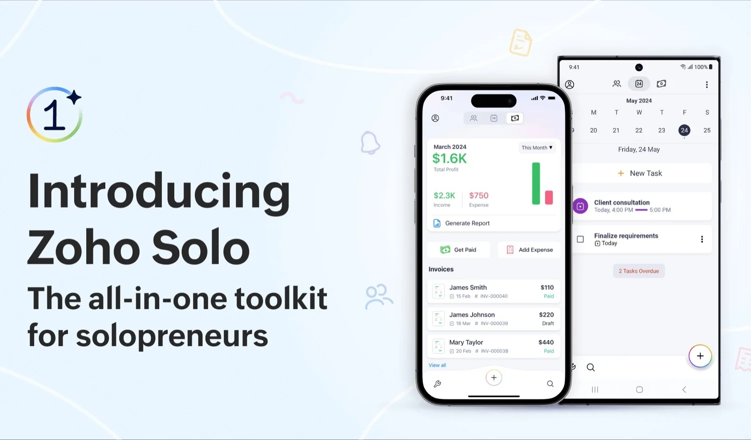 Zoho Solo, una aplicación diseñada para trabajadores independientes, freelancers, consultores y pequeños negocios unipersonales.