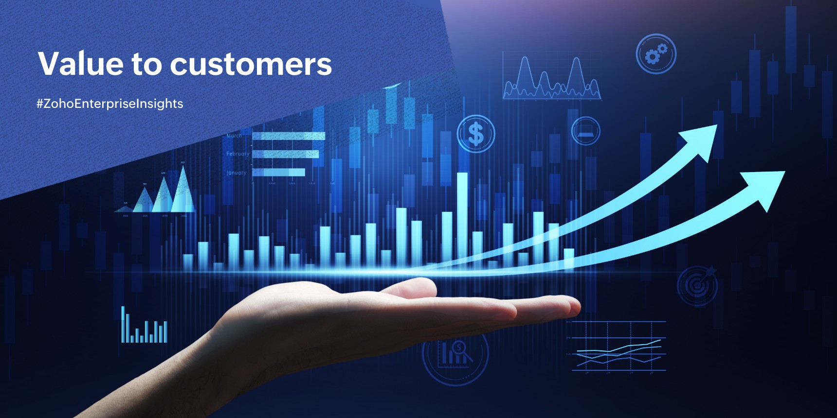 Image of a hand holding a graph with upward trending arrows