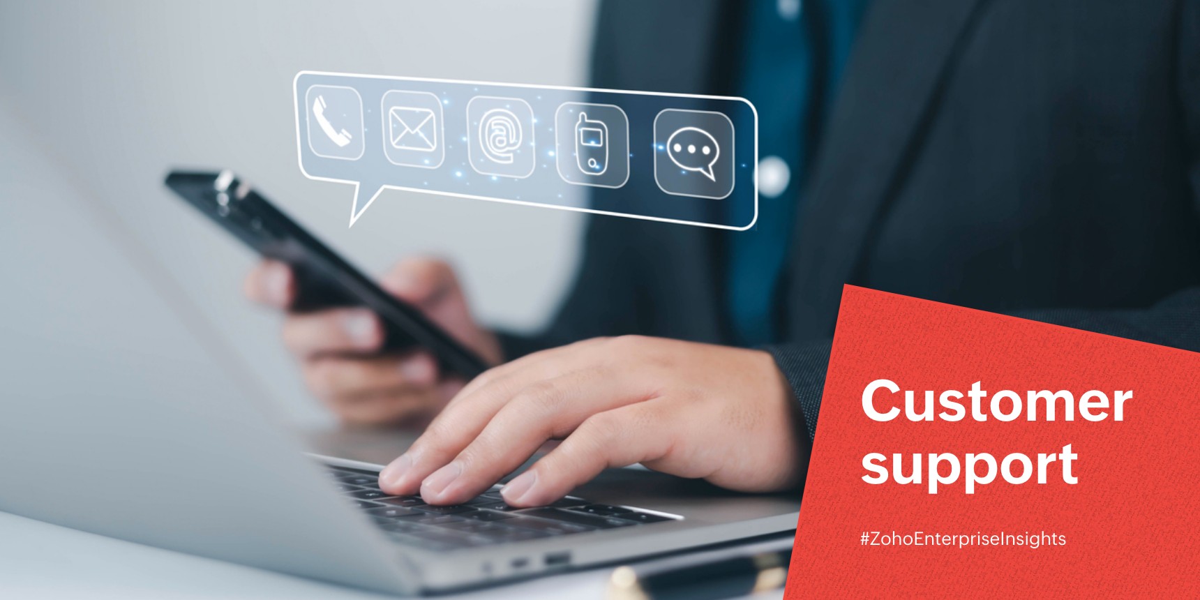 Close up of user resting one hand on laptop keyboard, and holding a cell phone in the other hand with floating icons representing various support channels