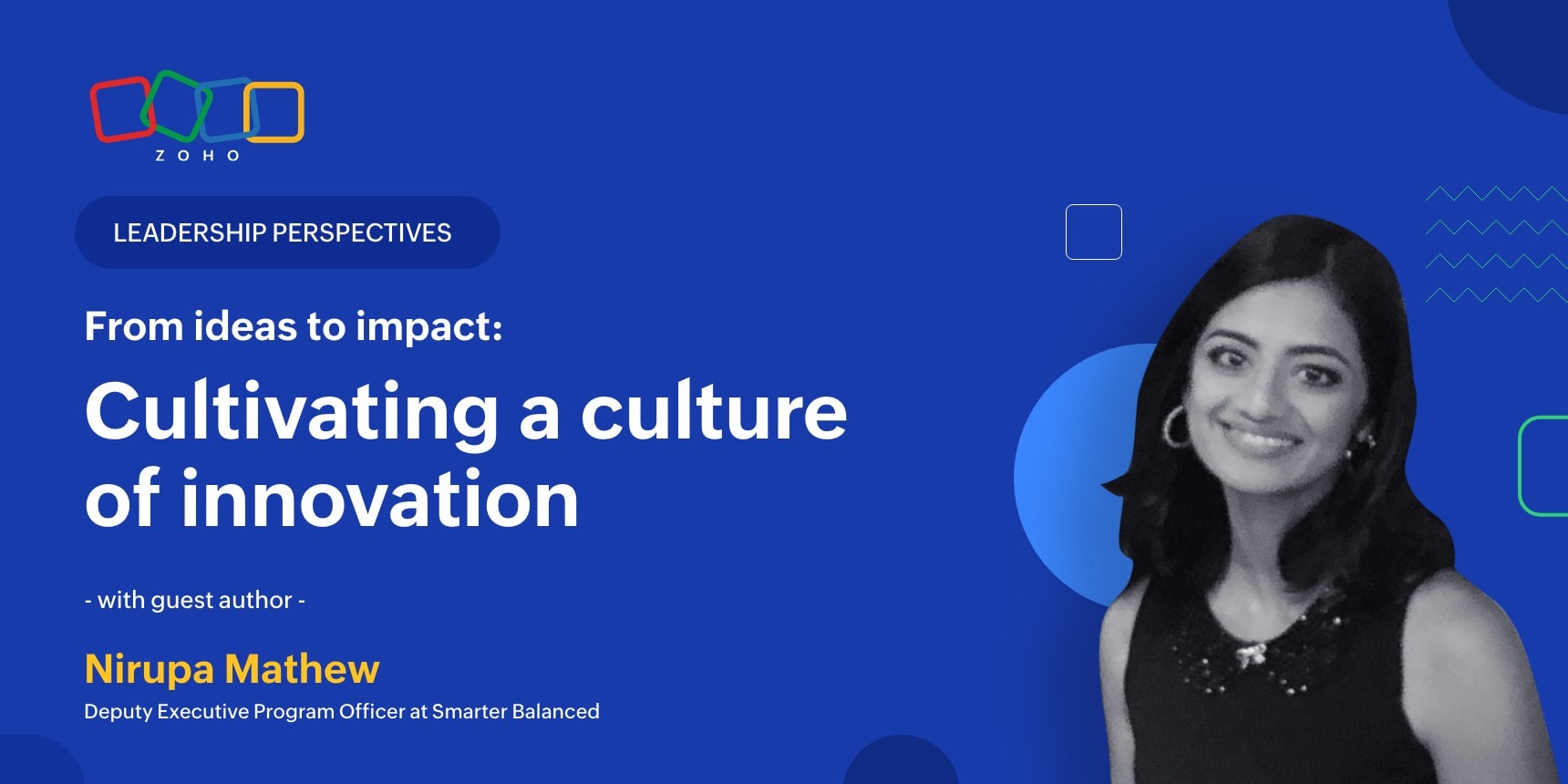 Image of Nirupa Mathew against blue background with article title