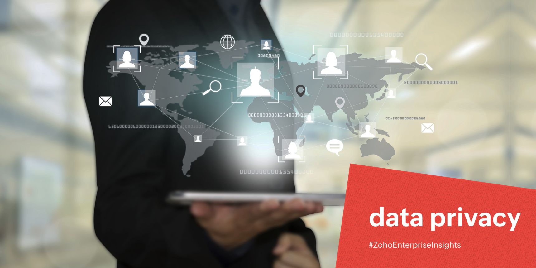 Digital map with data points and profiles floating over a tablet held by a person in a black suit