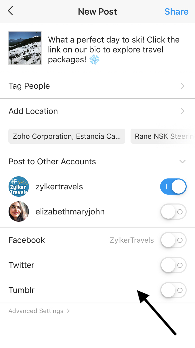Screenshot of Instagram posting interface, showing ability to post on multiple accounts/social media sites at once