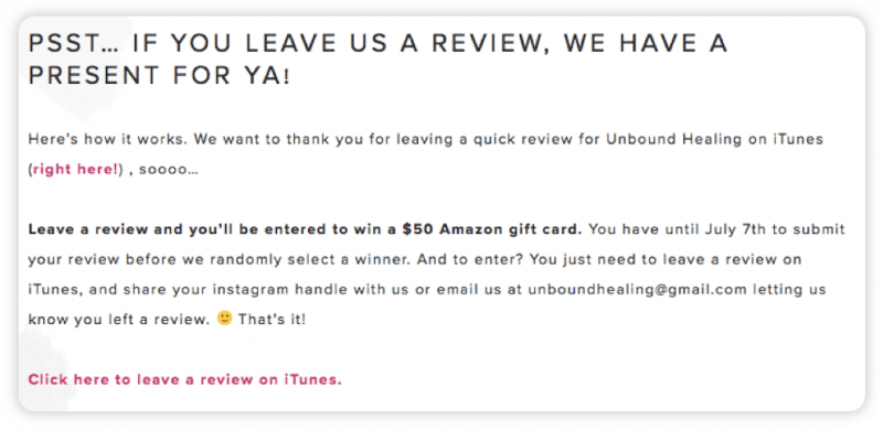 Unbound Healing Podcast's offer to customers for leaving a review