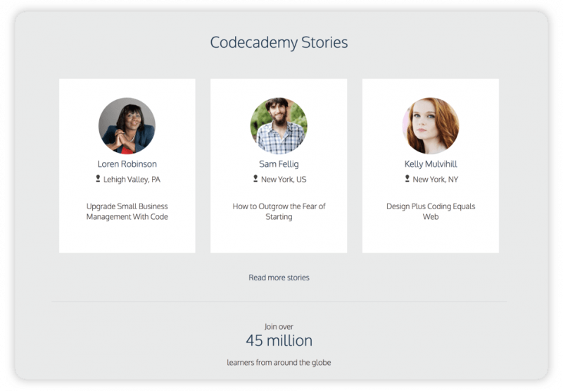 A screenshot from Codecademy's website showing 3 users' pictures along with their names, and titles of their stories.