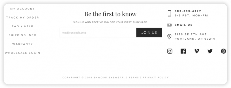 Shwood Eyewear's header, which includes contact info, social media links, navigation links, and an email signup