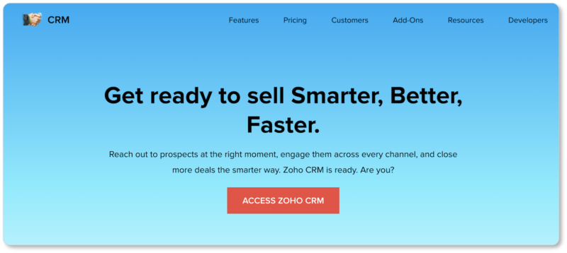 Screenshot of Zoho's CRM page, with a CTA above the fold