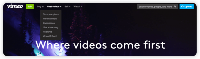 A screenshot from Vimeo's website showing a dropdown menu under "host videos" with a downward arrow.