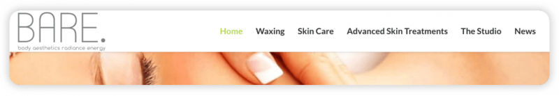 A navigation bar from Bare Studio's website, listing Home, Waxing, Skin Care, Advanced Skin Treatments, The Studio, and News