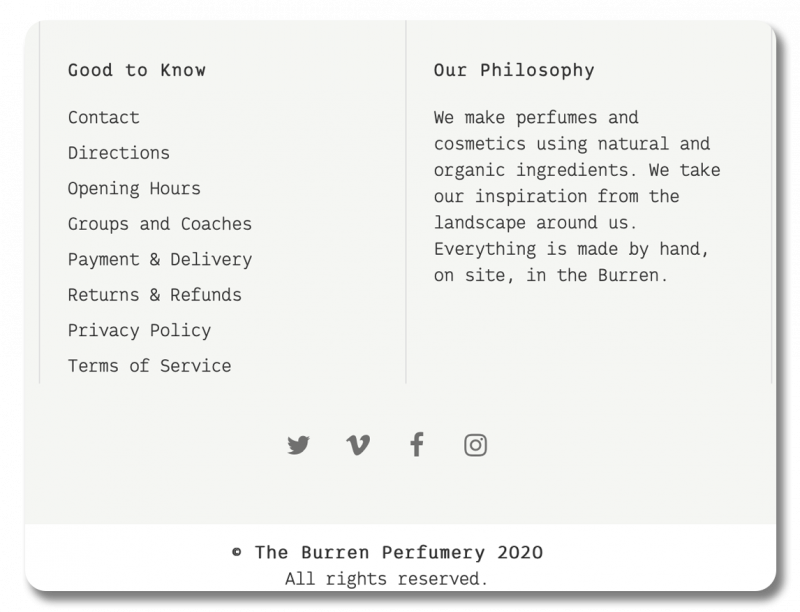 Screenshot of the footer of Burren Perfurmery's site, which has an 'our philosophy' section