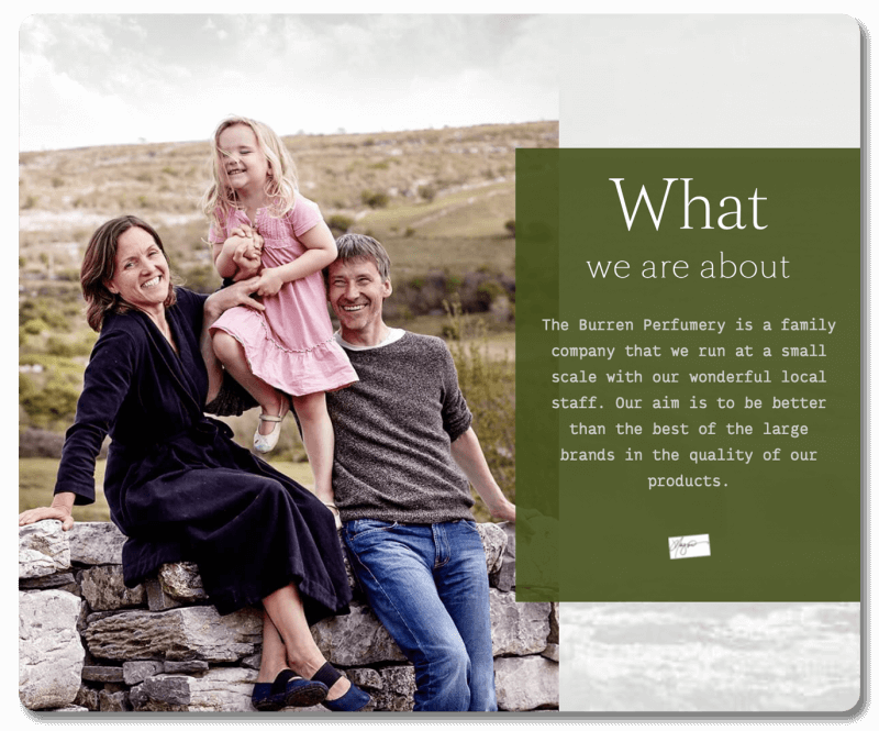 Example About page: Burren Perfumery's 'what we are about' section