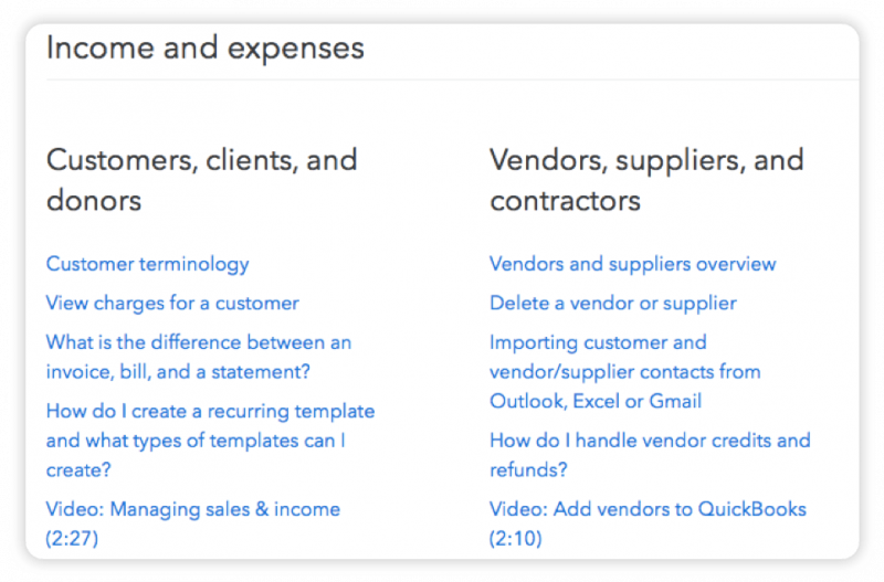 A menu from the QuickBooks website, with liks to support articles sorted into two columns: "Customers, clients, and donors" and "Vendors, suppliers, and contractors."