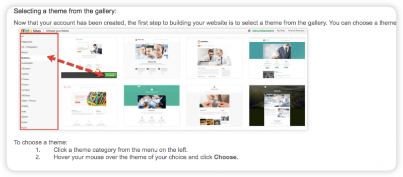 A screenshot from a Zoho Sites support page on how to choose a theme.
