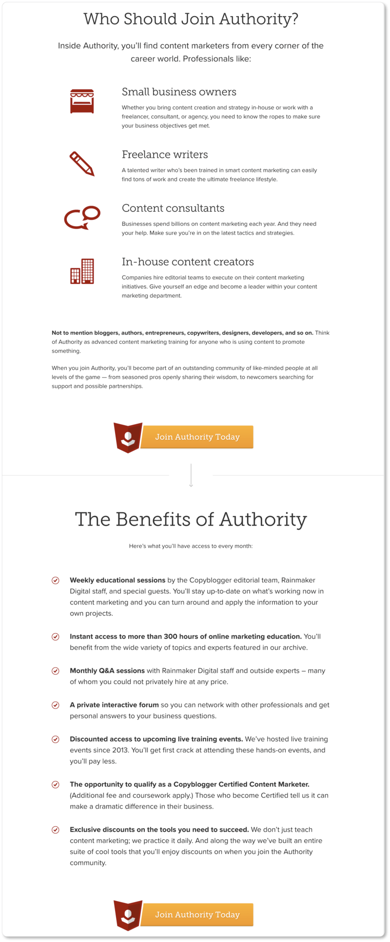 Screenshot of Copyblogger sales page, demonstrating the best practice of having multiple CTAs