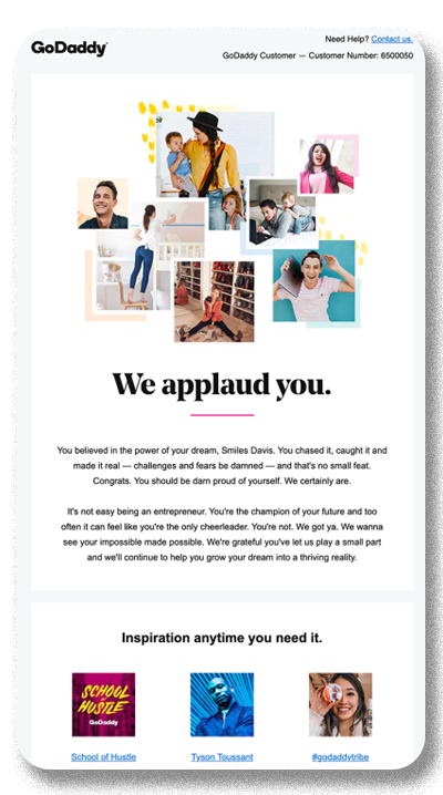 Screenshot of a customer appreciation email campaign from GoDaddy