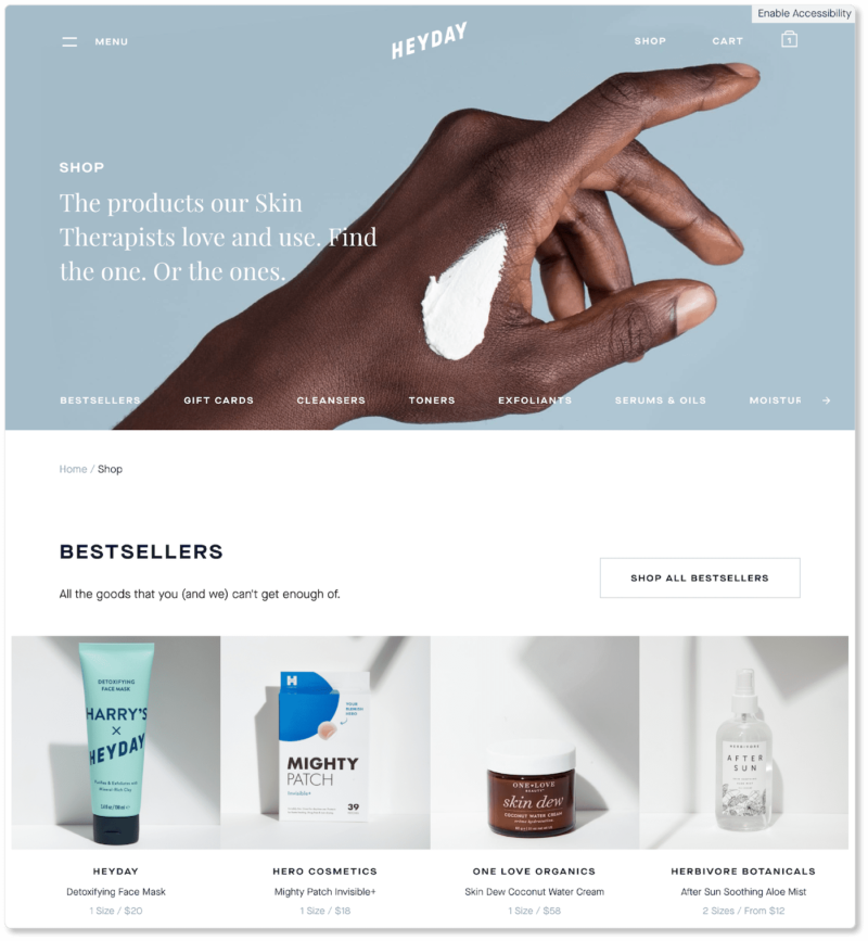 Example of ecommerce landing page with bestselling products at top