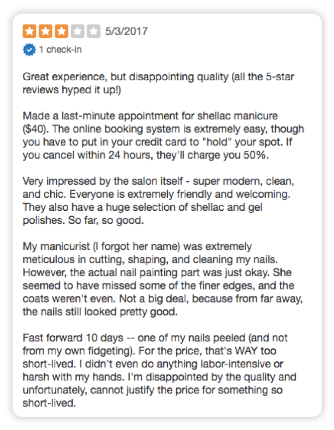 A 3-star Yelp Review for La Petite Nail Shop, complimenting the salon's atmosphere, but complaining that the nail polish was uneven and chipped off too soon.