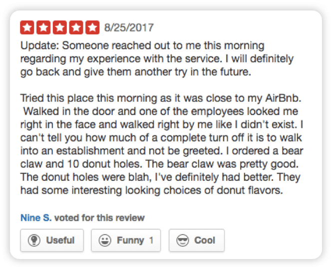 A five-star review for Crafted Donuts, describing a lackluster first experience, with an added update saying that someone from the business reached out and the reviewer intends to give them another try.