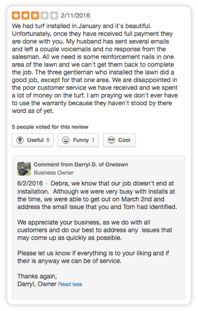 A three-star review for Onelawn, from a customer who says they installed nice turf in her yard, but wouldn't follow up on a request to fix a portion that was installed incorrectly. The response from Onelawn's owner is marked several months later and notes that they had addressed the issue.
