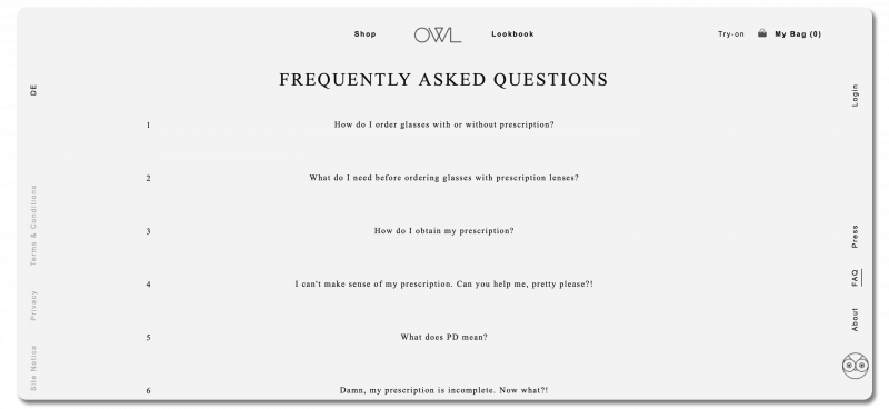 Example FAQ page, showing a list of questions