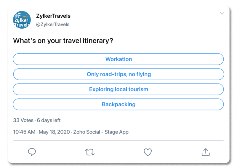 Example Twitter poll, showing a travel brand asking followers what's on their travel itinerary