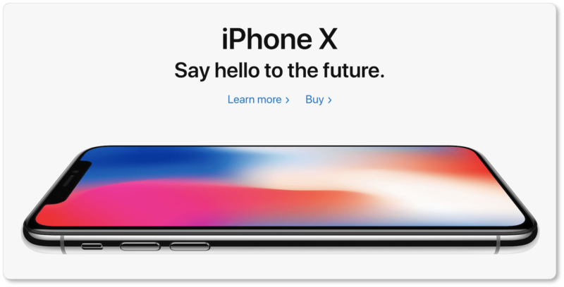 Screenshot of Apple's iPhone X product page, showing lots of white space around the CTA