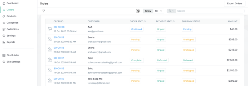 "Order dashboard for Zoho Commerce"