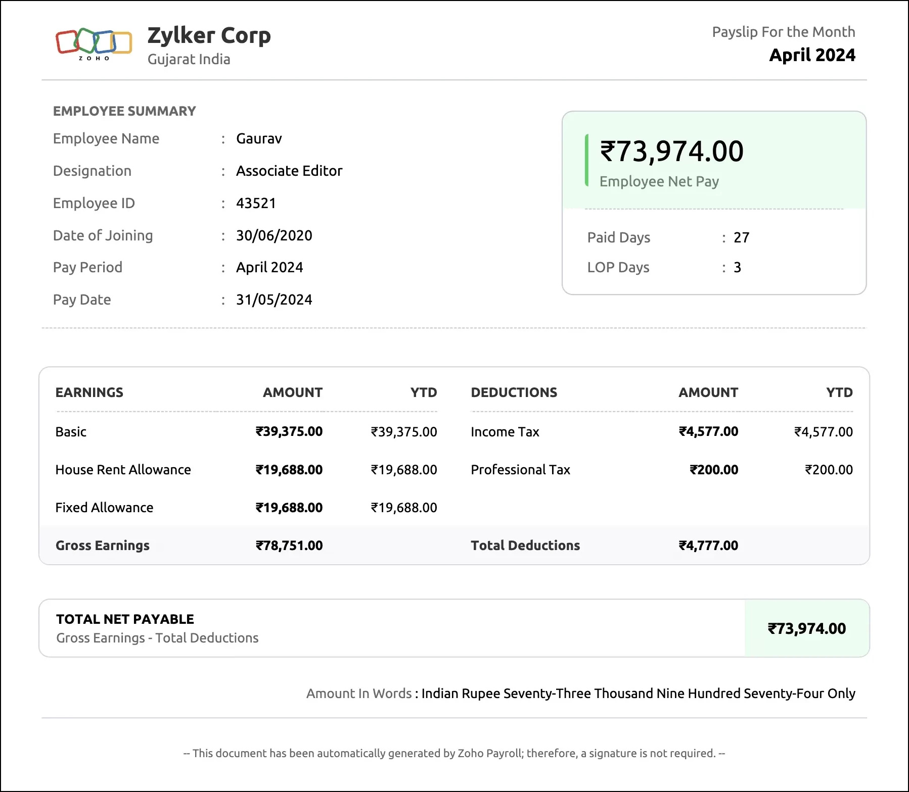 lop in salary slip