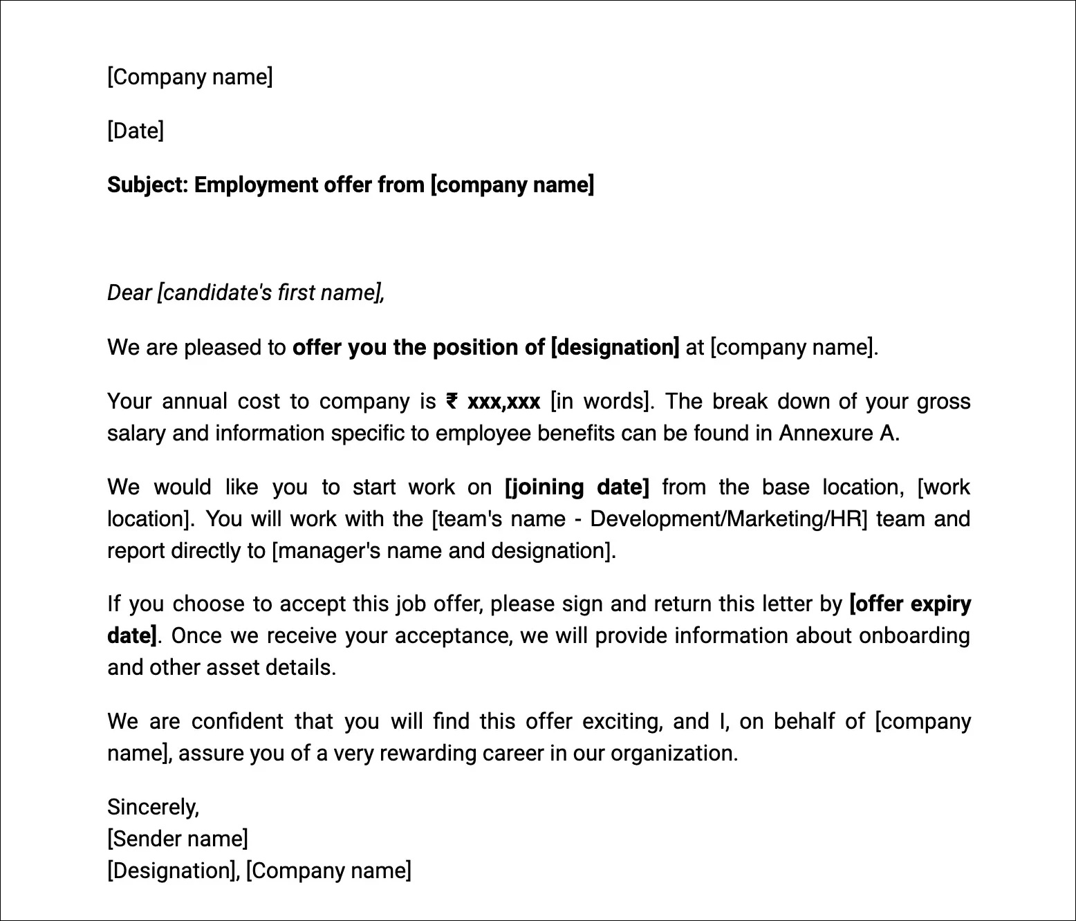 Job Offer Letter Format Sample And Templates Indian It Offer Letter ...