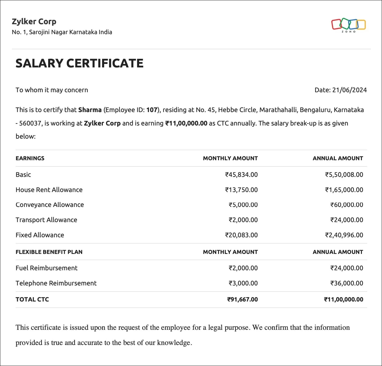 salary certificate format