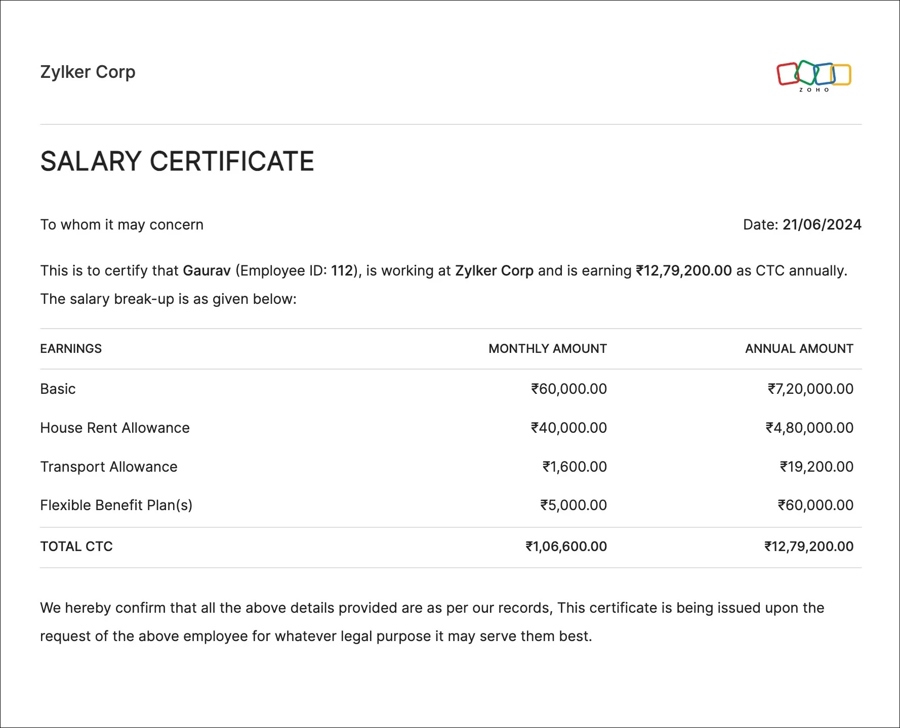 employee salary certificate