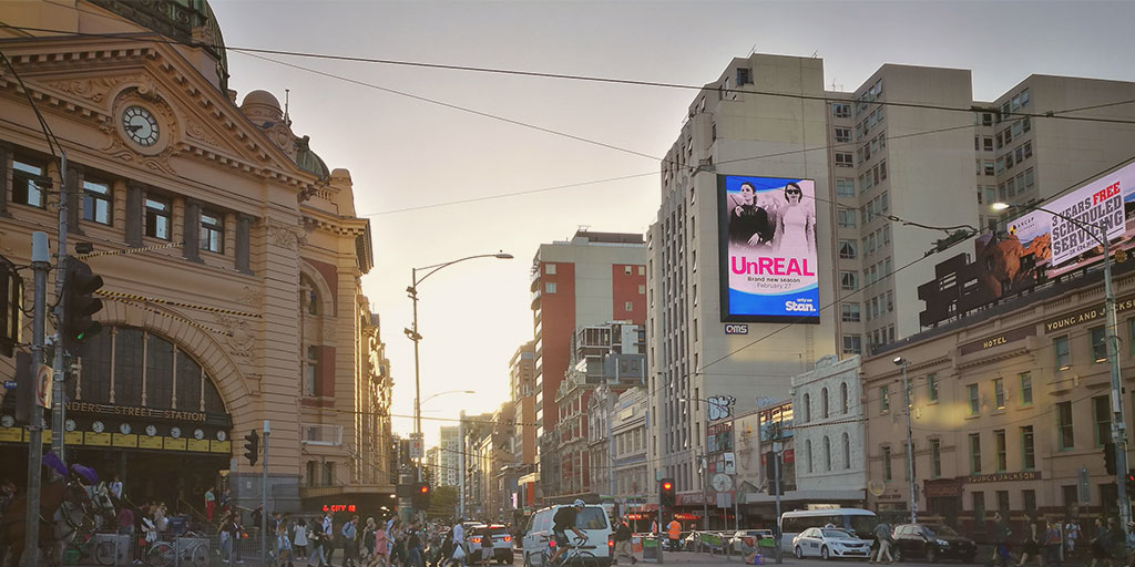 Billboard advertisement outside Flinders Street station in Melbourne