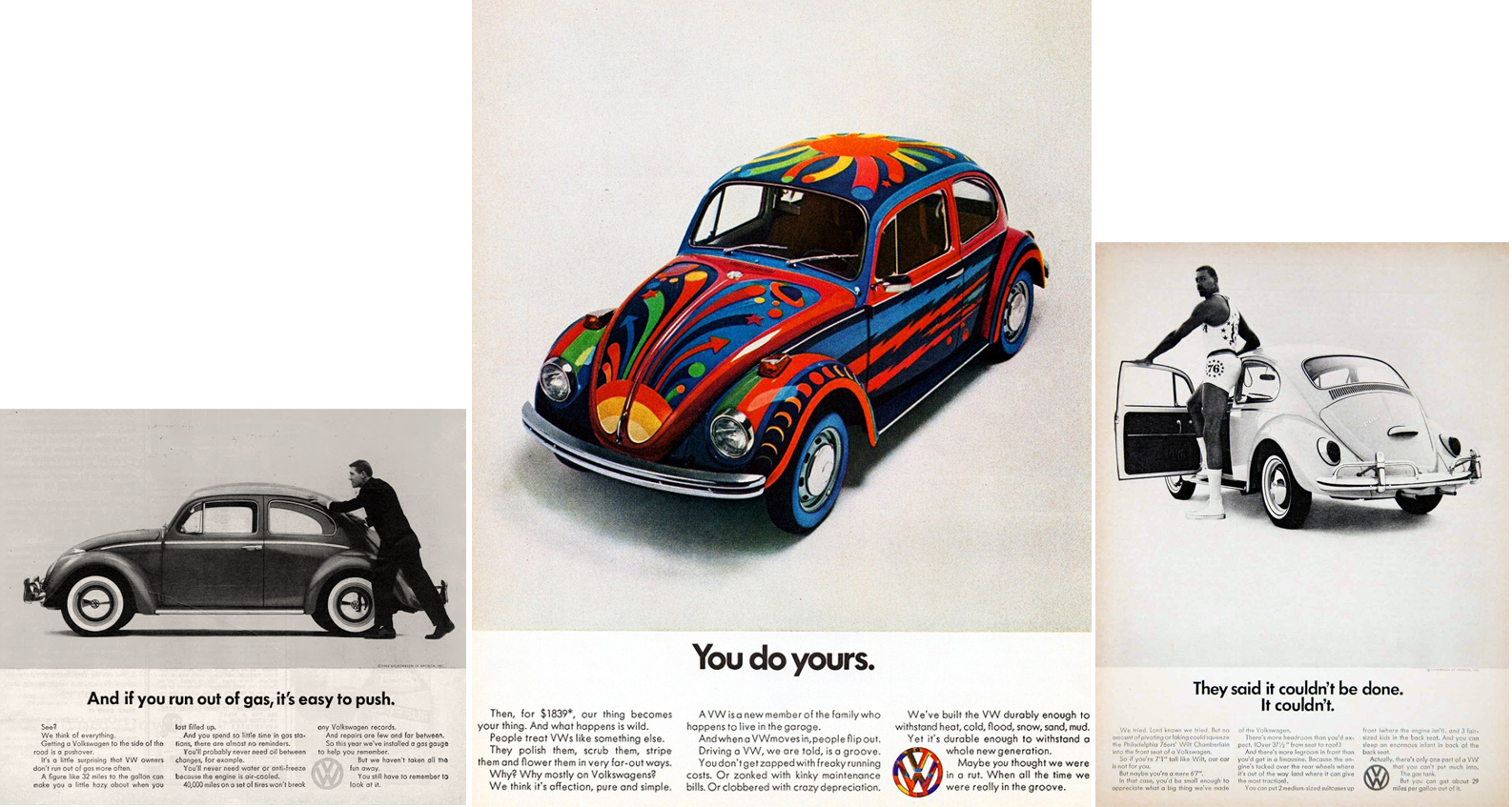 "Three vintage Volkswagen print ads that ran under the Think Small campaign"