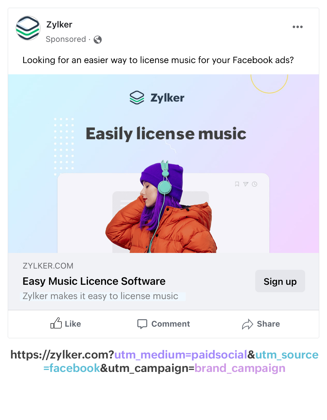 "Screenshot of a sponsored ad on Facebook for Zylker, along with the UTM codes"