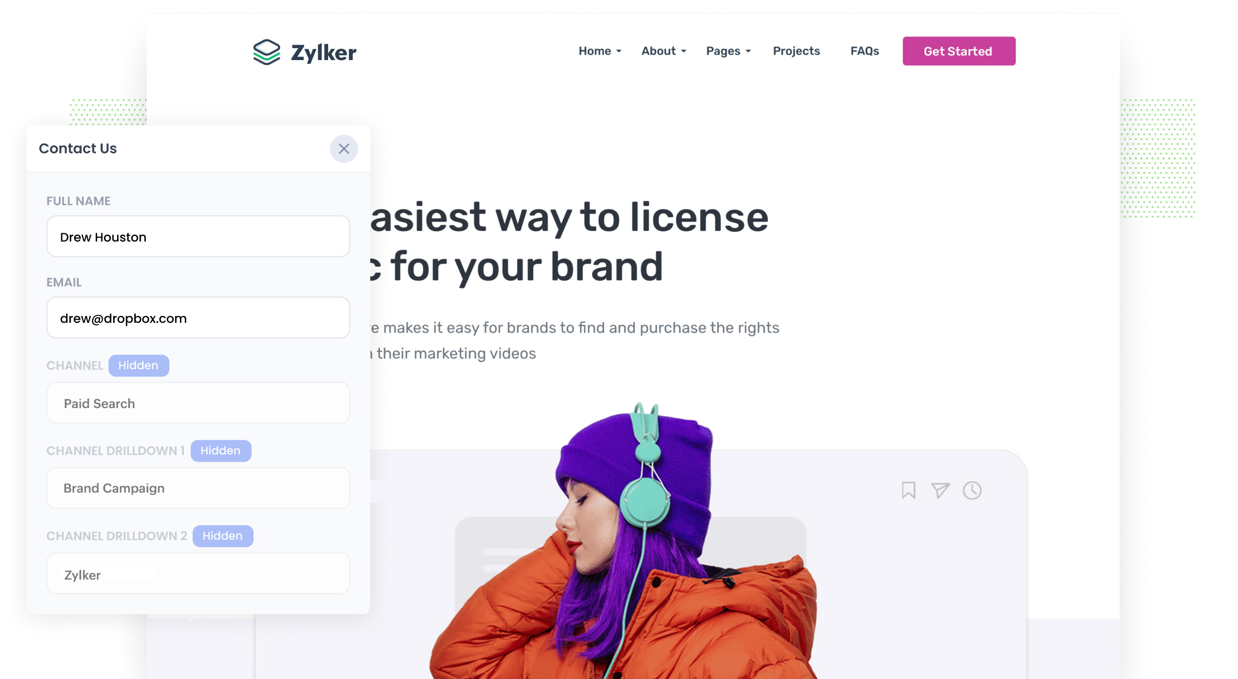 "Screenshot of the Zylker website along with a contact form"