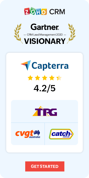 image showing accolades for Zoho CRM, including a 4.2 out of 5 stars on Capterra, Gartner's Visionary credit, and customer logos.