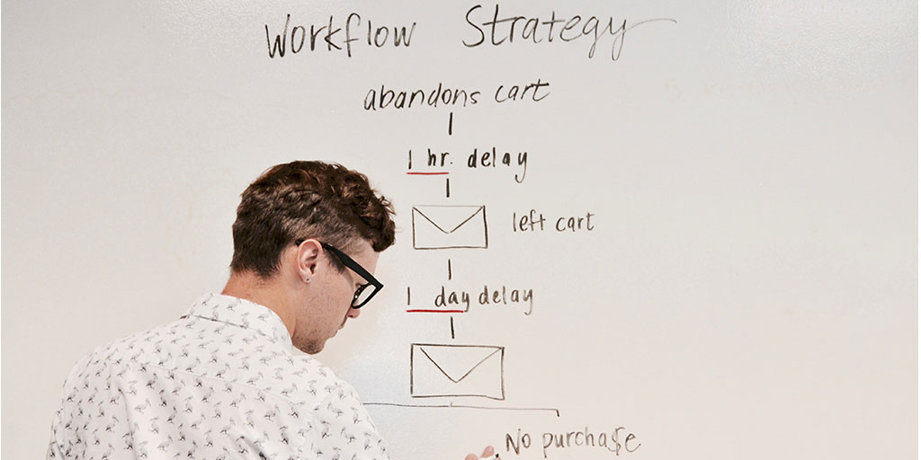 image of a man drawing a cart abandonment workflow on a whiteboard